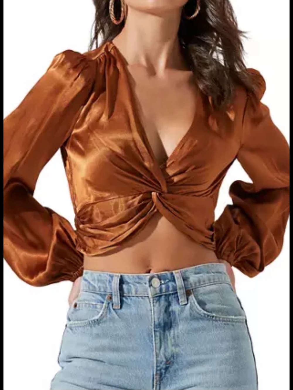 ASTR Satin Twist-Front Long Sleeve Top in Rust Size M